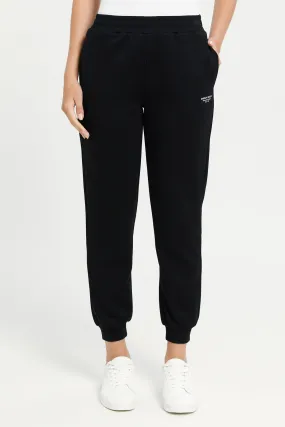 Women Black Placement Print Joggers