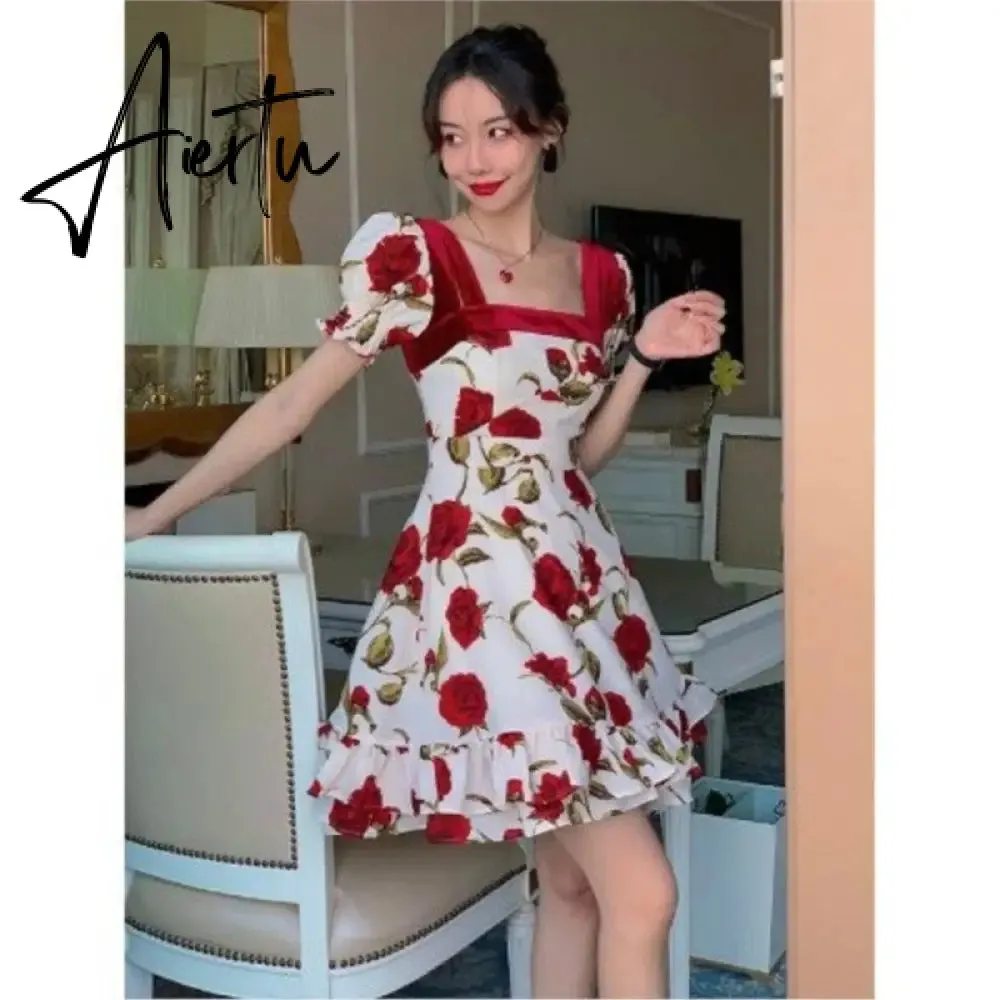 Women Summer Holiday Floral Elegant Vestidos College lady high waist Party long dress female france camisole dress