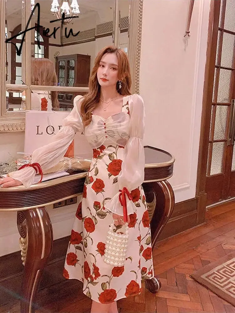 Women Summer Holiday Floral Elegant Vestidos College lady high waist Party long dress female france camisole dress