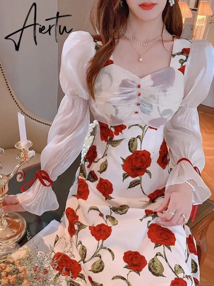 Women Summer Holiday Floral Elegant Vestidos College lady high waist Party long dress female france camisole dress