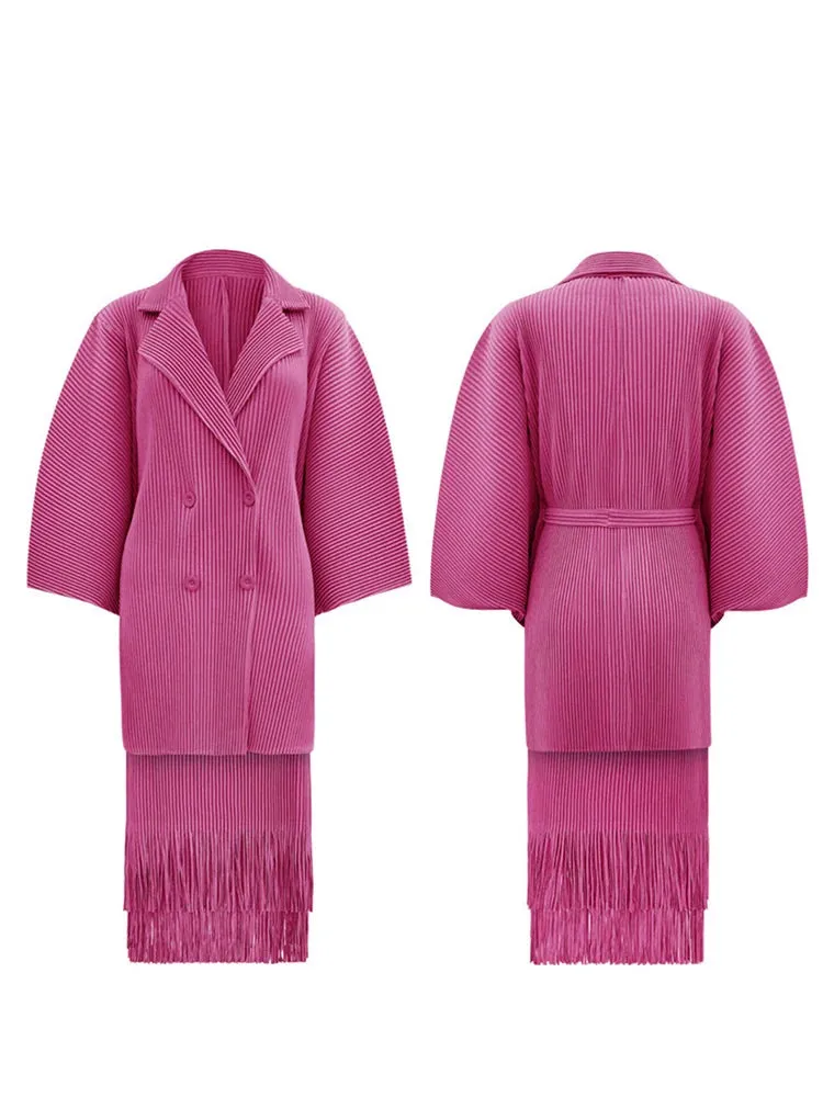 Women's 2 Piece Pleated Coat & Skirt Set with Tassels