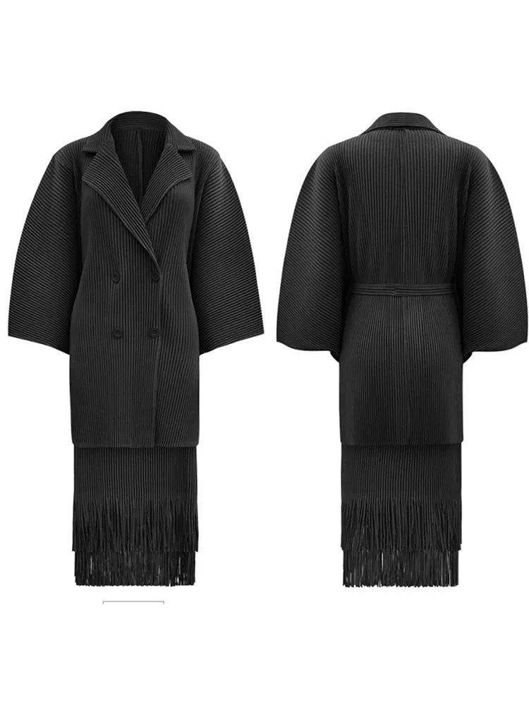 Women's 2 Piece Pleated Coat & Skirt Set with Tassels