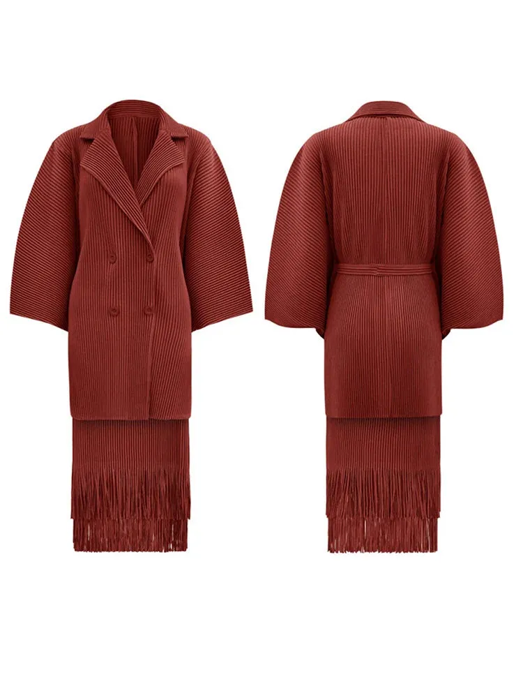 Women's 2 Piece Pleated Coat & Skirt Set with Tassels