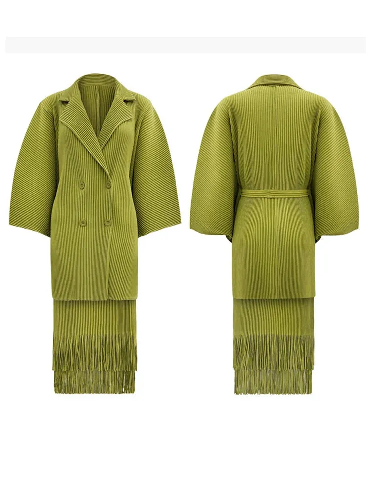 Women's 2 Piece Pleated Coat & Skirt Set with Tassels