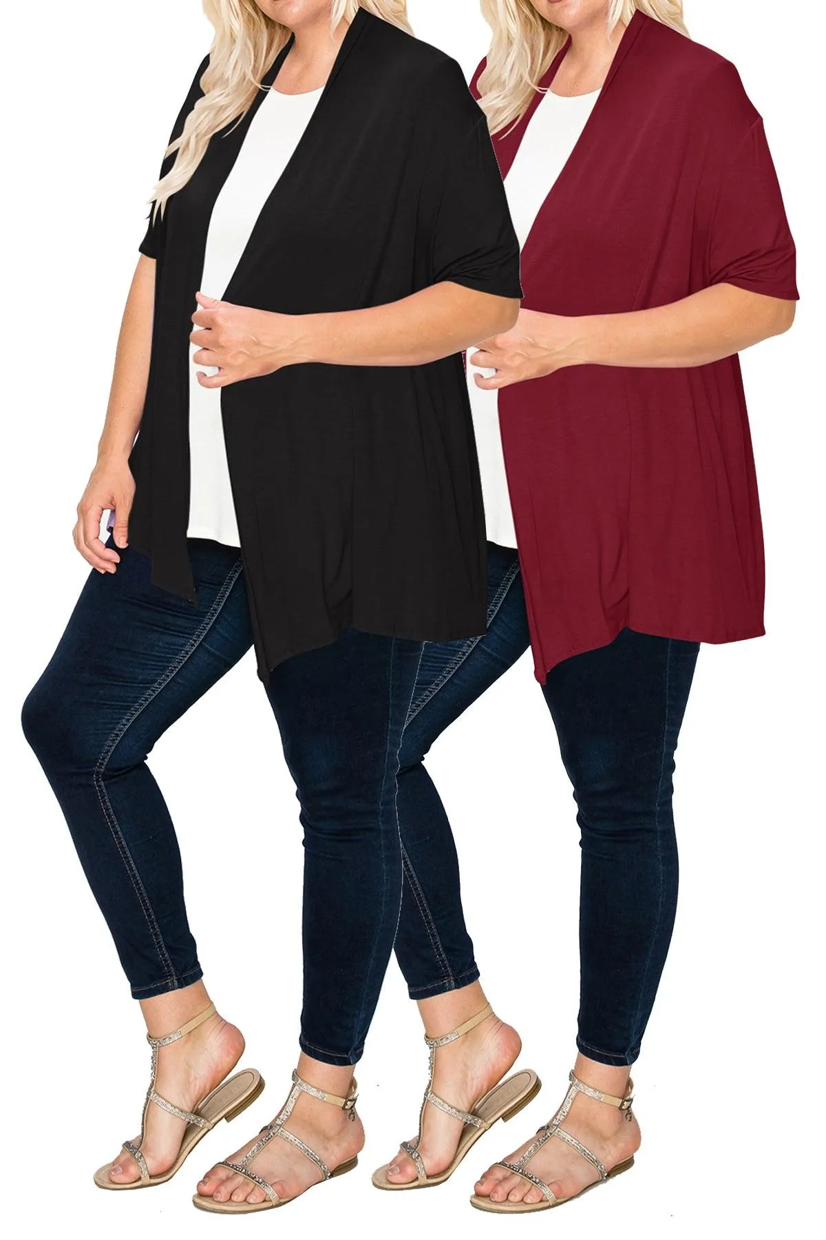 Women's Plus Size Casual Short Sleeve Loose Fit Solid Draped Open Cardigan (Pack of 2)