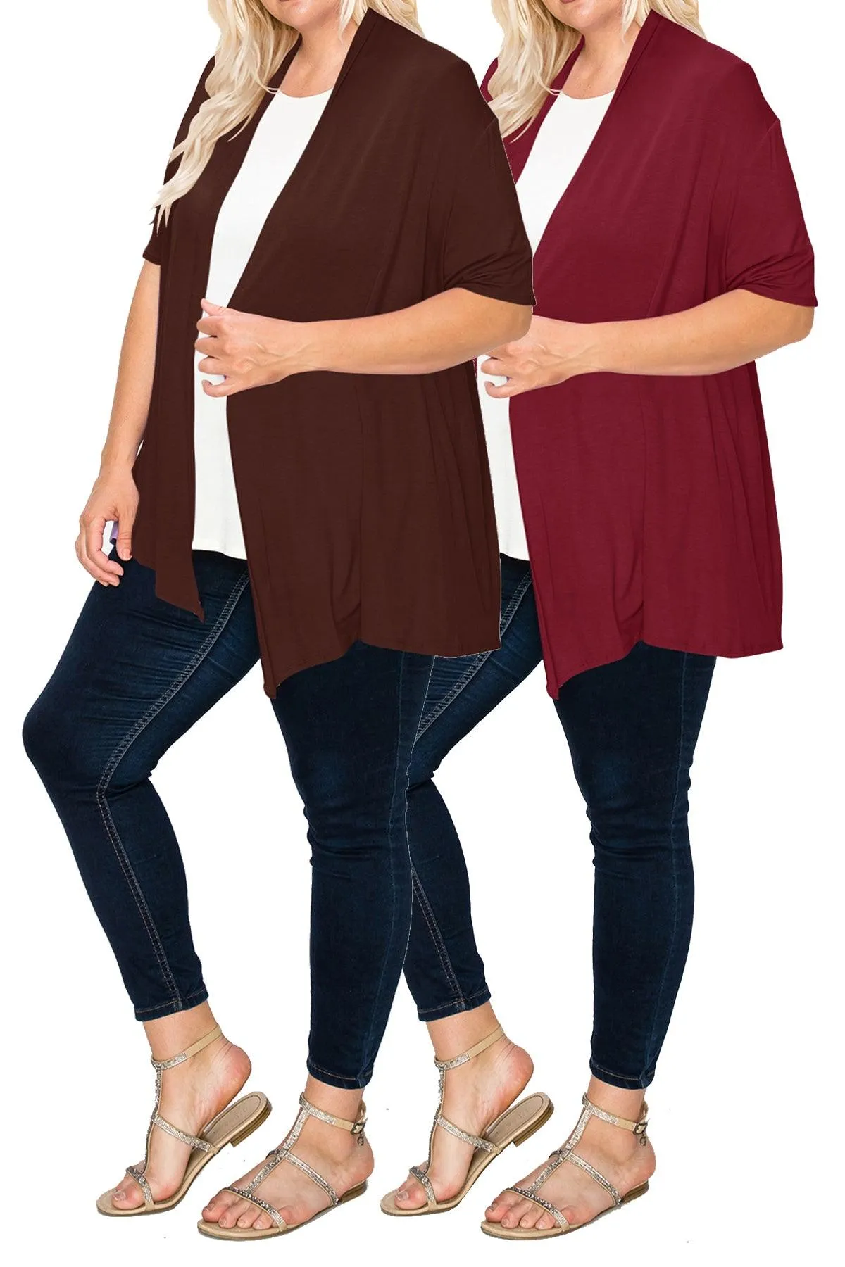 Women's Plus Size Casual Short Sleeve Loose Fit Solid Draped Open Cardigan (Pack of 2)