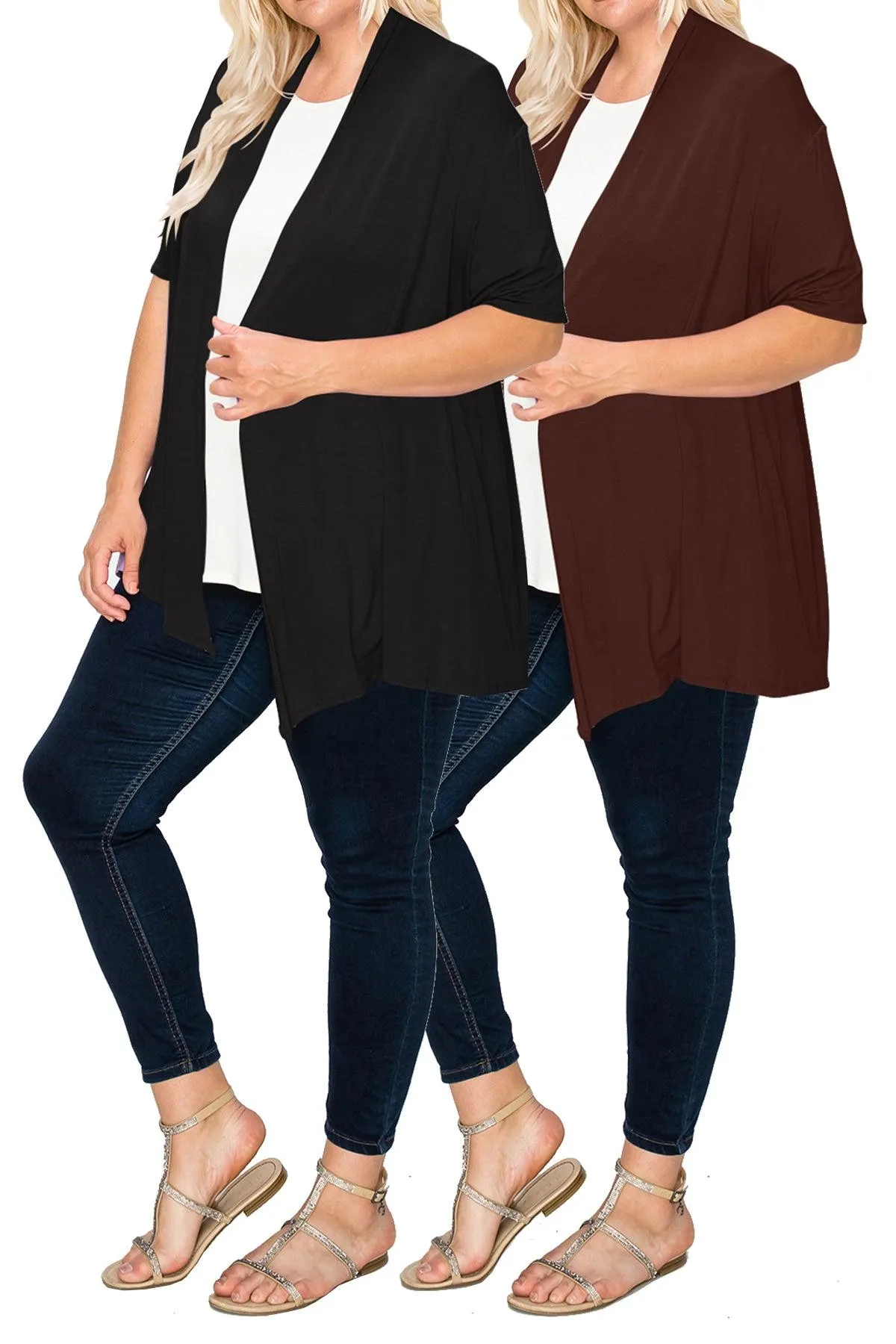 Women's Plus Size Casual Short Sleeve Loose Fit Solid Draped Open Cardigan (Pack of 2)