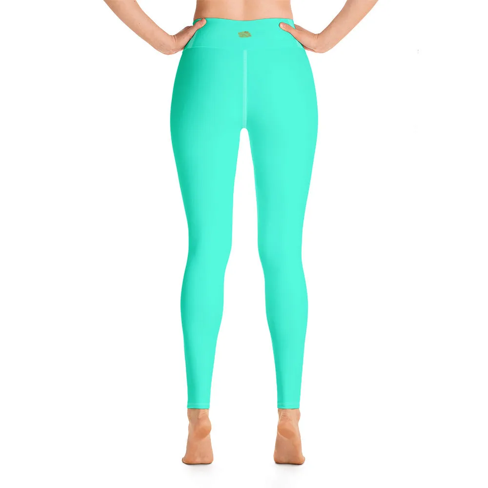 Women's Turquoise Blue Yoga Pants, Bright Solid Color Workout Tights, Made in USA/EU