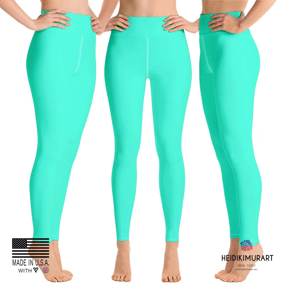 Women's Turquoise Blue Yoga Pants, Bright Solid Color Workout Tights, Made in USA/EU