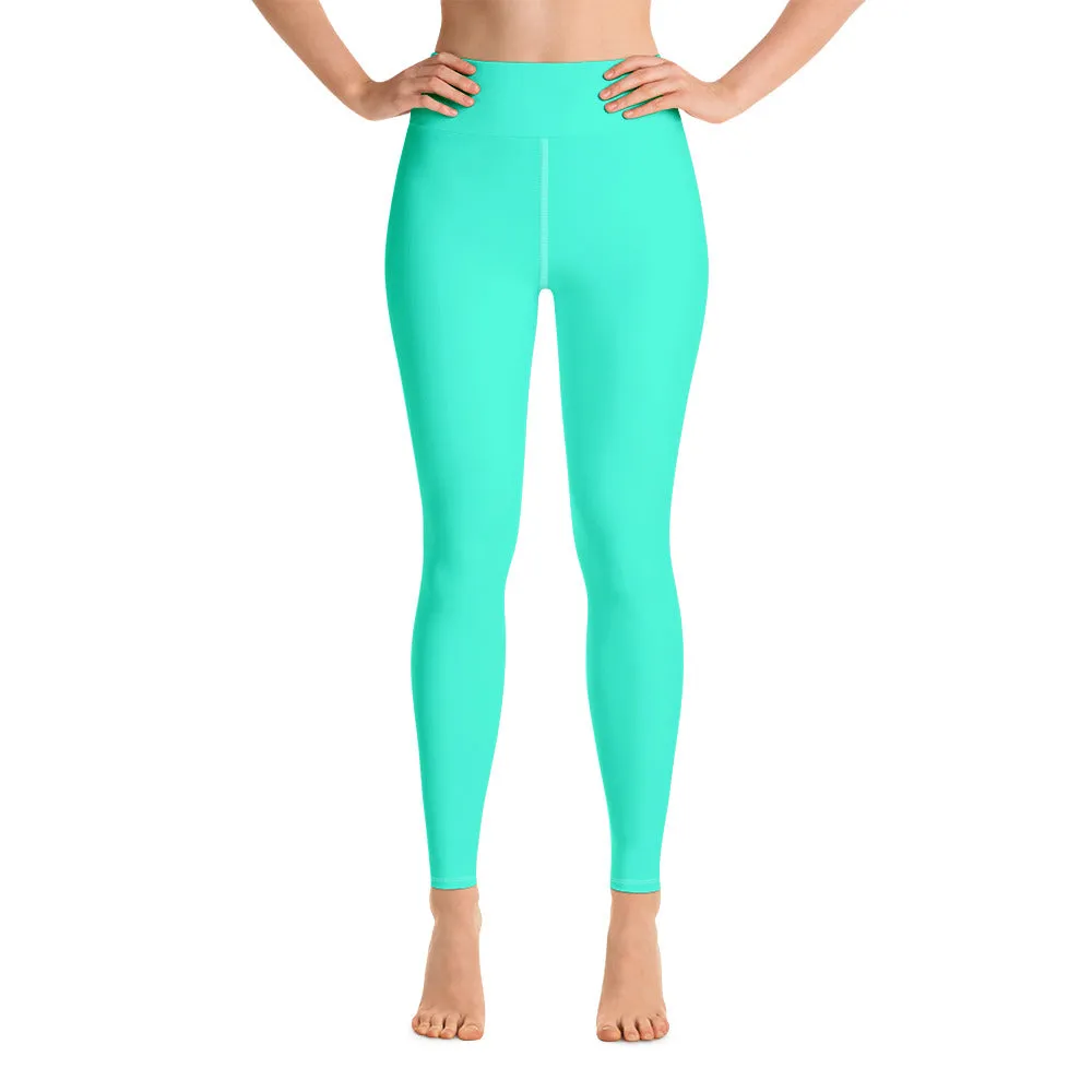 Women's Turquoise Blue Yoga Pants, Bright Solid Color Workout Tights, Made in USA/EU