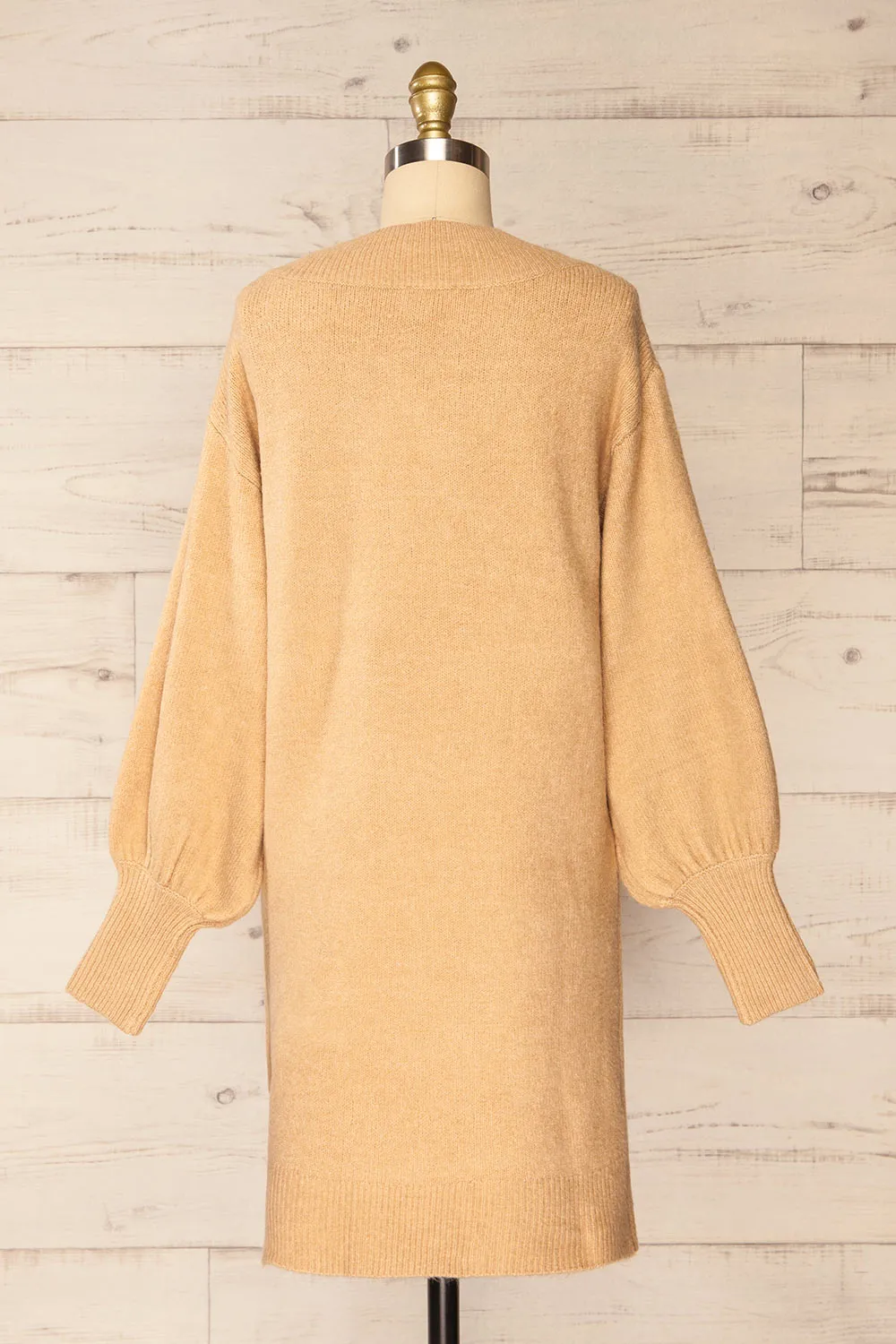 Wouna | Beige Short V-Neck Sweater Dress