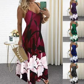 Yeknu Summer Casual Women Maxi Dress Sexy Robe Floral Printed Long Dress Sleeveless V-neck Streetwear Women Dress Loose Vestidos