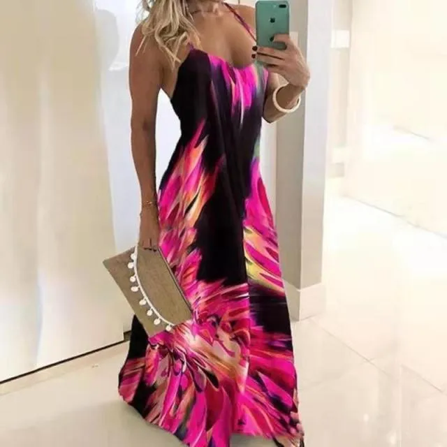 Yeknu Summer Casual Women Maxi Dress Sexy Robe Floral Printed Long Dress Sleeveless V-neck Streetwear Women Dress Loose Vestidos