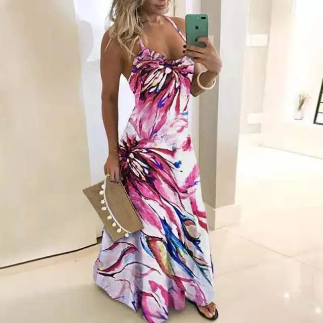 Yeknu Summer Casual Women Maxi Dress Sexy Robe Floral Printed Long Dress Sleeveless V-neck Streetwear Women Dress Loose Vestidos