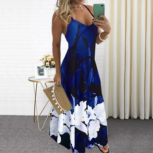 Yeknu Summer Casual Women Maxi Dress Sexy Robe Floral Printed Long Dress Sleeveless V-neck Streetwear Women Dress Loose Vestidos