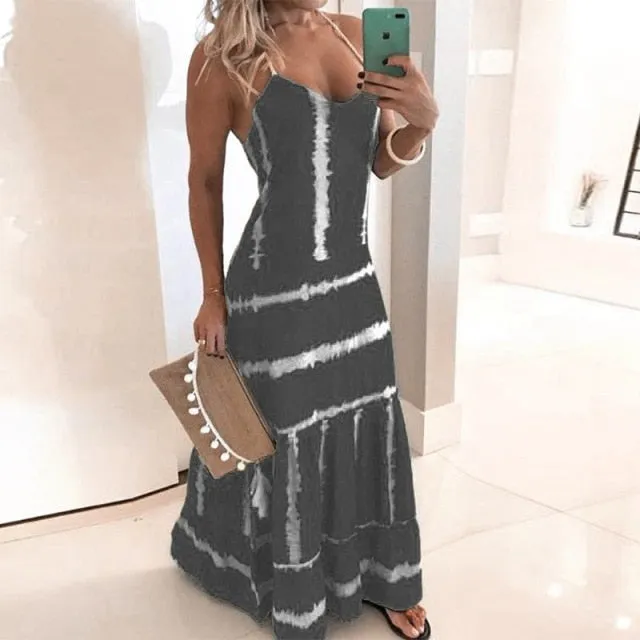 Yeknu Summer Casual Women Maxi Dress Sexy Robe Floral Printed Long Dress Sleeveless V-neck Streetwear Women Dress Loose Vestidos