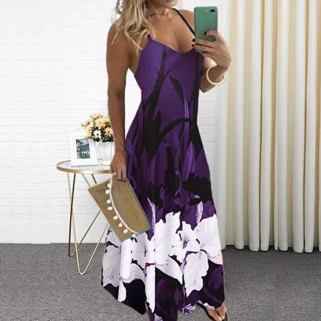 Yeknu Summer Casual Women Maxi Dress Sexy Robe Floral Printed Long Dress Sleeveless V-neck Streetwear Women Dress Loose Vestidos