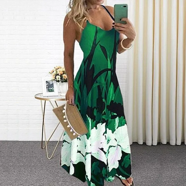 Yeknu Summer Casual Women Maxi Dress Sexy Robe Floral Printed Long Dress Sleeveless V-neck Streetwear Women Dress Loose Vestidos