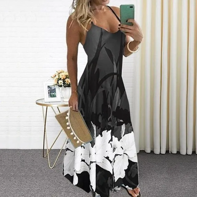 Yeknu Summer Casual Women Maxi Dress Sexy Robe Floral Printed Long Dress Sleeveless V-neck Streetwear Women Dress Loose Vestidos