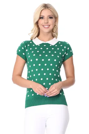 YEMAK Women's Classic Polka Dot Contrast Collar Short Sleeve Casual Pullover Sweater MK3673